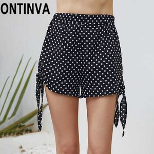 Ladies White Dot Printed Navy Blue Summer Mid Waist Bermuda Short s for Women Pants with Tie Side Beach Holiday 210527