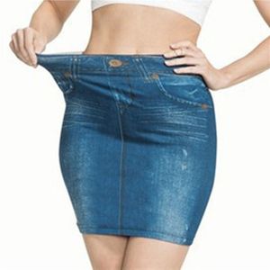 Jeans Rock großhandel-Röcke Frauen Faux Denim Rock Mode Print Nahtlose Jean Kurze Schlange Hohe Taille Elastische Polkette Weibliche Minikleid