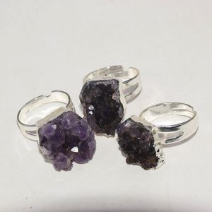 Klaster pierścienie Natural Fioletowy Kryształ Kamień Druzy Dla Kobiet 2021 Geode Regulowany Duży Kwarcowy Nieregularna Biżuteria