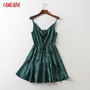 Tangada Summer Women Green Dots Print Cinturino in stile francese Regola il vestito estivo da donna JA63 210609