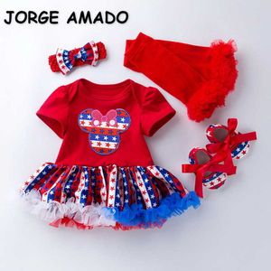 Summer Baby Girls 4-PCS Sets Amor Coração Bodysuit Dress + Headwear Shoes Socks Outfits Children Jumpsuit E4011 210610
