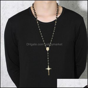 Hängsmycke Halsband Pendants Smycken Meaeguet Svart / Guldfärg Lång Rosary Halsband för män Kvinnor Rostfritt Stål Beadkedja Korsa Kvinnor Me