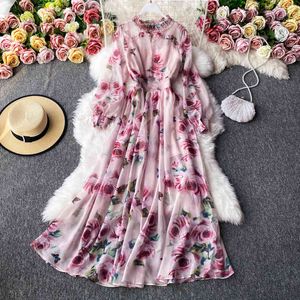 Wholesale pink floral dress women resale online - Autumn Pink Floral Long Dress For Women Bohemian Vacation Beach es Female Stand Collar Puff Sleeve Print