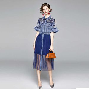 summer fashion Elegant Temperament women short Sleeve turn down collar Bead Hollow Mesh Denim Patchwork dress 210531