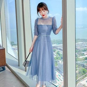 مصمم الأزياء اللباس الصيف المرأة اللباس البولكا نقطة طباعة عالية الخصر الأزرق شبكة ميدي 210529