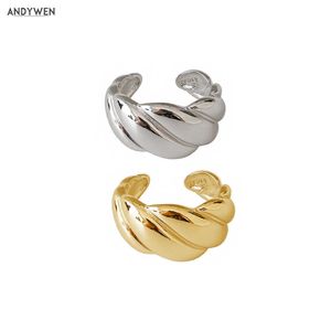 ANDYWEN 925 Sterling Silver Big Large Screw Twist Resizable Rings Fine Gold Thick Open Bangle Jewelry 210608