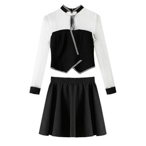 Camicia donna con cerniera patchwork in maglia nera impero mini gonna a trapezio elegante set due pezzi T0315 210514