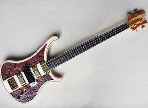 4 Strings Matte Brown Neck-thru-body Electric Bass Guitar with Engraving Pattern,4 Pickups