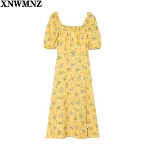 女性シックな黄色い花柄プリントMidi Dress女性レトロサイドスプリットベスティッドスクエアカラーガール夏ES Robe 210520