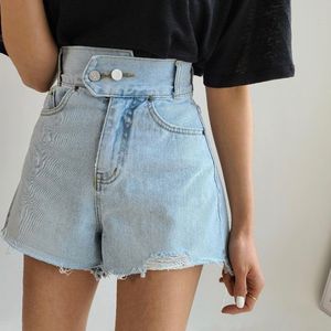 Women Denim Shorts Retro High Waist Casual Jeans Two Button Washed Blue Distressed Short Feminino Summer 8A204 210513