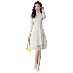 Party dress women apricot pink S-3XL plus size autumn vintage fashion slim lace print knee-length feminina LR903 210531