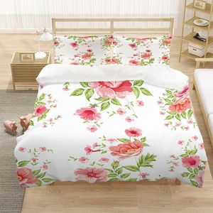 Sängkläder set rosröd blommor set Deluxe i full storlek täcke täckt örngott vuxen barn sovrum dekorerad med färgglada tryck