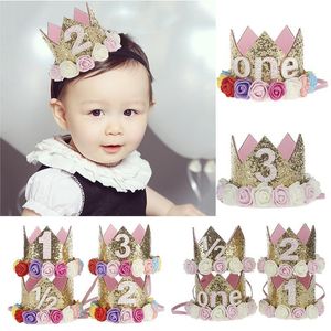 Parti şapkaları bebek prenses tiara taç girlskids doğum günü şapkası ışıltı 1 2 3 yıl numarası prepiness tarzı ile yapay gül özel