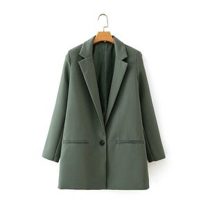 Zarif Kadınlar Tek Düğme Blazer Ofis Bayanlar Ince Uzun Ceketler Rahat Kadın Yeşil Takım Elbise Cep Kızlar Chic Setleri 210527