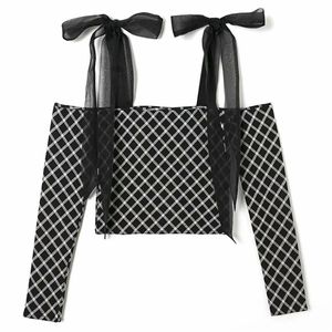 Donne sexy diamante plaid una spalla filato netto splicing maglione senza spalline femminile manica lunga pullover corto chic top 210520