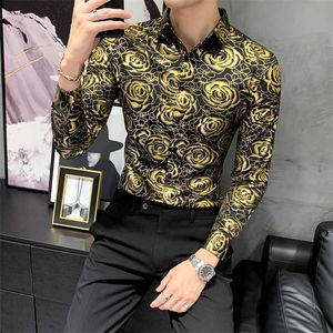 Lüks Altın Çiçek Baskı Gömlek Erkekler Uzun Kollu Ince Gömlek Kore Erkekler Giyim Gece Kulübü Sosyal Parti Bluz Streetwear 210527