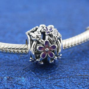 925 Sterling Silver Openwork Purple Daisy Charm Bead Fits European Pandora Style Jewelry Bracelets