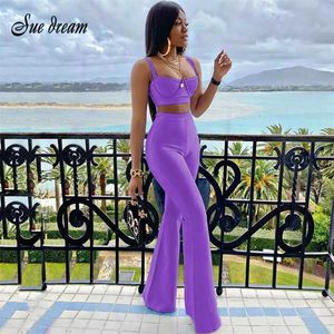 Alta Qualidade Verão Conjunto de Mulheres Roxo Azul Duas Peças Bodycon Rayon Bandage Evening Party Sexy Moda Outfit 211105