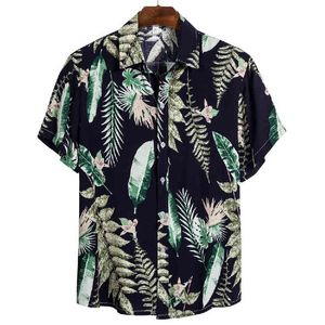 Koszulki na liściach Mężczyźni Drukuj Krótki Rękaw Dorywczo Koszula Aloha Mens Beach Holiday Hawaiian Camisas Lato Marka Przytulny Kwiat Camisa 210524