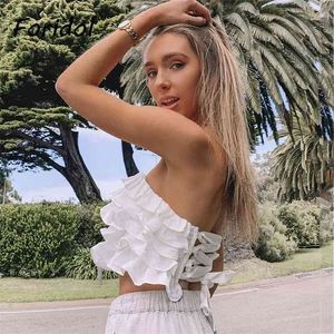 Ruffled Layered Lace Up Off Axel Crop Tops Kvinnor Vit Sommar Beach Tube Sexig Casual Linne Ärmlös 210427