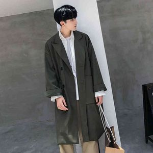 est Men's Fashion Korean Style Men Trench Mid-Long Windbreaker Loose Casual Coats Solid Color Overcoat M-2XL 210524