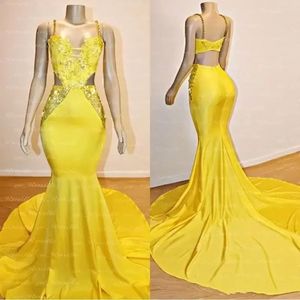 Yellow Spaghetti Straps Satin Mermaid Prom Dresses 2020 Lace Applique Beaded Long Formal Evening Gowns Graduation Party Dresses BC3999