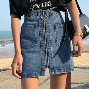 Mode Reißverschluss Denim Frauen Minirock Sommer Hohe Taille Tasche A-Linie Jeans Weibliche Casual Koreanische Paket Hüften Split S 210526