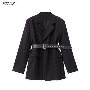 Blazer nero tinta unita vintage da donna da ufficio di arrivo primaverile Giacche eleganti da donna eleganti monopetto con cinturini 210430