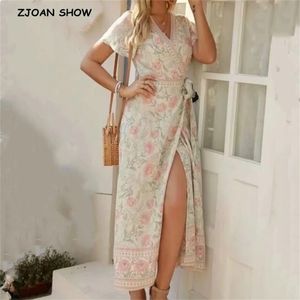 Bohemian Konum Çiçek Baskı Kısa Kollu Wrap Elbise Kadın Çapraz V Boyun Kravat Yay Sashes Uzun Yaz Tatil Vestidos 210429