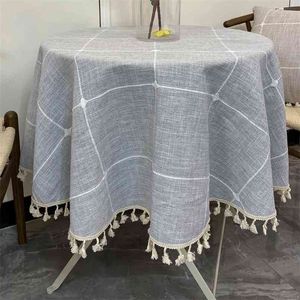 Plaid Decorative Linen Tablecloth With Tassel Waterproof Oilproof Thick Round Wedding Dining Cover Tea Cloth 210626