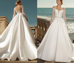 Hochzeitskleid, modisch, transparent, U-Ausschnitt, lange Ärmel, Satin, Brautkleider, Perlengürtel, Applikationen, A-Linie, Robe De Mariee