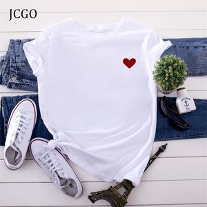 JCGO Summer Cotton Women Serce Drukuj T Shirt S-5XL Plus Size Krótki rękaw Tees Topy Casual Prosta O-Neck Koszulki 210623