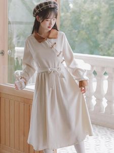 Casual Dresses Hanfu Chinese Style White Dress Women'S Autumn And Winter 2021 Retro Solid Color Long-Sleeved Skirt
