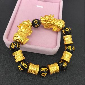 Bracelets de charme en gros Vietnam sable doré double pixiu bracelet naturel six mots noir onyx perlé mode manchette homme bijoux