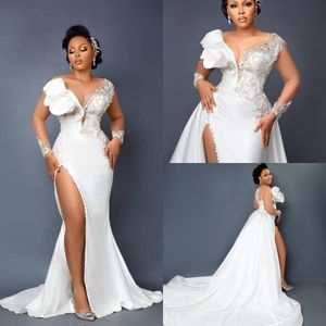 Arabic Aso Ebi White Satin Mermaid Wedding Dresses With Detachable Train Lace Beaded Ruffles Bridal Gowns With Long Sleeves Sexy Thigh Split Vestidos De Novia AL9365