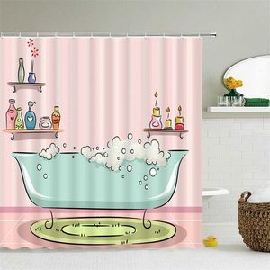 Romantic Pink 3D Shower Curtains Girls Bath Printing Bathroom Shower Curtain Waterproof Polyester Fabric Bath Curtain Decoration 211116