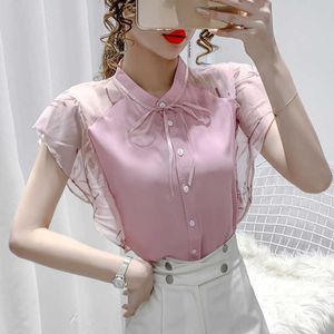 Sommer Koreanische Mode Damen Tops und Blusen Chiffon Frauen Kurzarm Rosa Hemden Plus Größe XXL Damen 210531