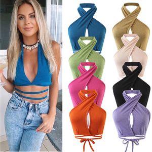 Variety of ways to wear in summer top lady solid color slim short waist strap knitted halterneck vest feminine halter top 210514