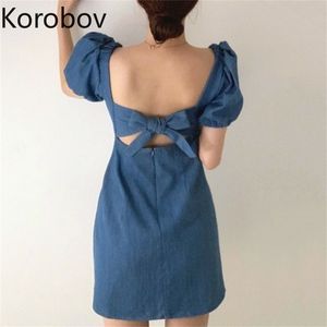 Korobov Korean Chic Summer Denim Dress Sexy Square Collar Bow Backless Female Dresses A-Line Mini Streetwear Vestidos Femme 210430