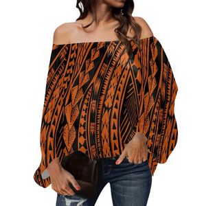 Mulheres Blusas Camisas Hycool Brown Plus Size Off Off Top Polinésio Samoan Impressão Tribal Manga Longa Tops e Buff Women