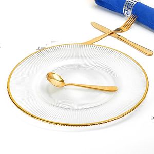 Chinesischer Großhandelslieferant Hochzeitsdekoration Platzteller aus klarem Glas mit Goldrand auf dem Seeweg RRE13202