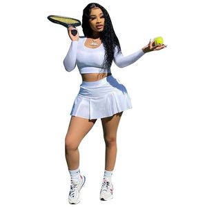 New Fall Women Tennis Dress Suits Two Piece Set Tracksuits Outdoor Jogger Suit Long Sleeve Sweatshirt Crop Top+shorts Skirt Plus Size 2XL Outfits Casual Sportswear