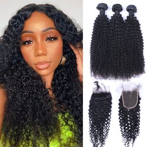 Brazilian Afro Kinky Curly Human Hair Weaves 3 Bundles With 4x4 Lace Closure Bleach Knots Closures