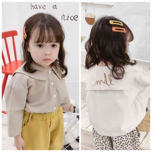 赤ちゃんの女の子の綿の手紙刺繍ファッションセーラ襟シャツ韓国風長袖カジュアルブラウス1-5Y 210508