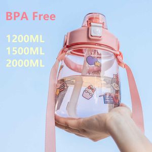 Grande capacità Bottiglia d'acqua Plastica Plastica Kawaii Cup Carino Portable Summer Sport Sport all'aperto Ragazza bambino Bambino con cinturino in paglia BPA FREE 210923