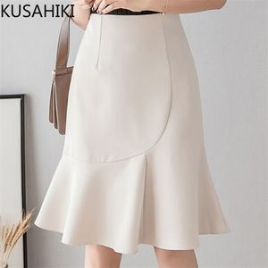 Koreanska sjöjungfrun kjol elegant hög midja kvinna trumpet kjolar kausal ruffle faldas de mujer 6h961 210603