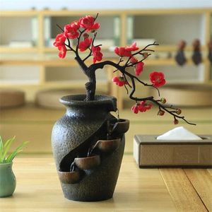 Creative Home Garden Simulation Plant Vase Crafts Resin Waterfall Fountain Indoor Desktop Flowing Water Landscape Ornament 211105