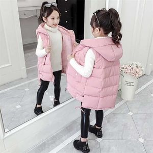 OLEKID Autumn Winter Children Vest For Girls Hooded Thicken Warm Sleeveless Jacket 3-12 Years Kids Teenager Waistcoat 211203