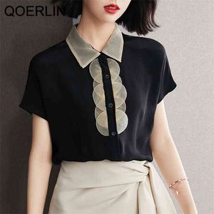 Retro Mesh Patchwork Black Tops Shirts Women Turn-Down Collar Short Sleeve Summer Blouse Ladies Office Chic Elegant 210601