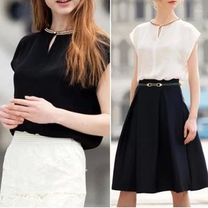 Office Lady Szyfonowa Bluzka 2021 Lato Krótki Rękaw Czarny Biały Top Koszula O Neck Line Work Wear Tops Damskie Bluzki Koszule